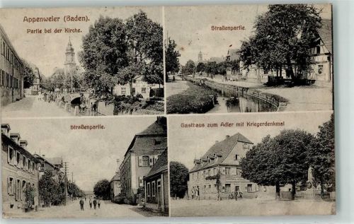 Appenweier 1917 bei der Kirche Gasthaus zum Adler mit Kriegerdenkmal
