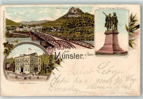 Bad Münster-Ebernburg 1899 Bahnpost Metz Bingen Zug 144 25.7.99 Hutten Sickingen Denkmal Ebernburg Hotel z. Schwan
