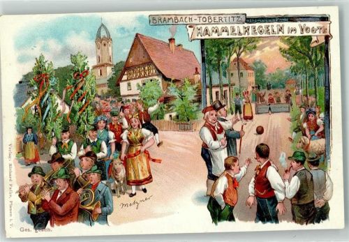Tobertitz Hammelkegeln im Vogtland Tracht Schaf Musikinstrumente sign. Metzner