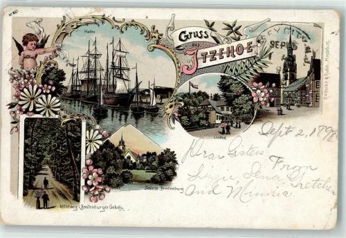 Itzehoe 1898 Schloß Breitenburg Hafen Segelschiffe Eichtal Litho