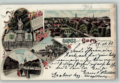 Burg 1897 Gruss aus - Bahnhof ,Kriegerdenkmal, Breiteweg AK