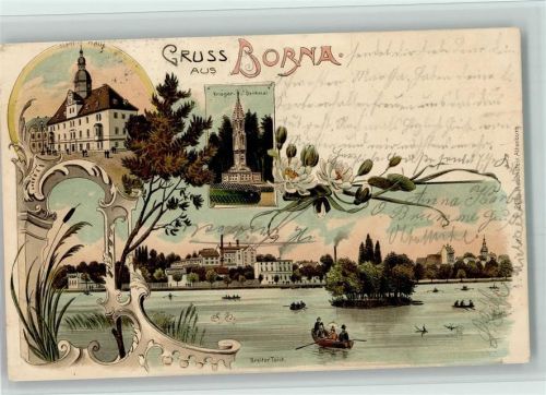Borna 1899 Krigerdenkmal, Häuserpartie am Teich, Seerosen und Barock Verzierungen AK Gute Erhaltung