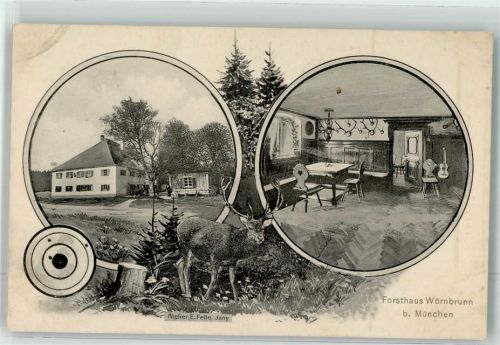 Wörnbrunn 1912 Forsthaus Wörnbrunn Stube Gitarre Hirsch Zielscheibe