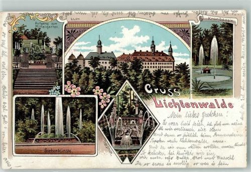 Lichtenwalde Aufgang Mittelgarten Kronbassin Delphin Siebenküste Springbrunnen Blumen Gruss