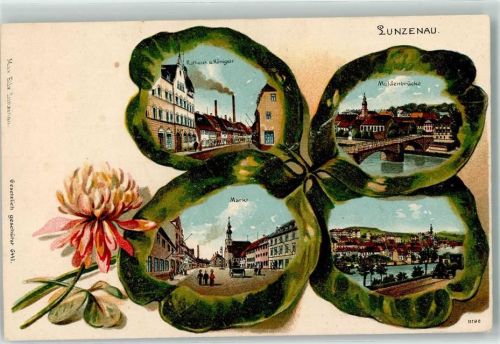 09328 O9293 Lunzenau Prägedruck Rathaus Königstraße Muldenbrücke Markt Kleeblatt Blume Fabrik