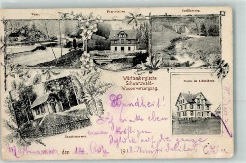 Martinsmoos 1913 Württembergische Schwarzwald Wasserversorgung Wehr Pumpstation Quellfassung Sonne in Aichelberg Hauptreservoir Ort handschriftlich
