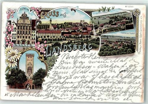 Landsberg 1899 Bayertor Rathaus Sandauer Vorstadt Lithographie