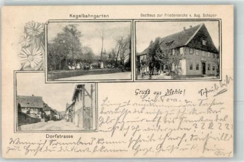 Mehle 1909 Bahnpost Halle Löhne Zug 26 25.5.09 Kegelbahngarten Gasthaus zur Friedenseiche Dorfstraße