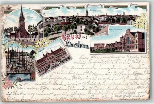 25335 W2200 Elmshorn 1899 Lithographie Reit- und Fahrschule Realschule Hafen
