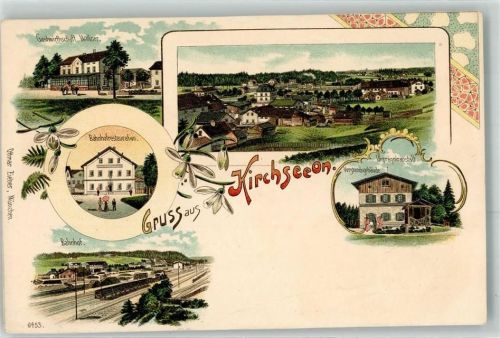 Kirchseeon Gasthaus Wallner Bahnhofrestauration Bahnhof Vorstandsgebäude Imprägniranstalt Eisenbahn Gruss Blumen Lithographie