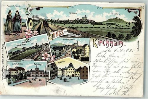 Kirchhain 1903 Marktplatz Bahnhofshotel Hessische Volkstracht Bahnhofstraße Bahnpost Kassel-Frankfurt Zg. 781 Lithographie