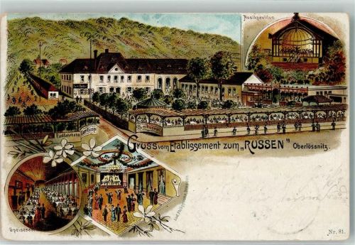 Oberlössnitz 1899 Etablissement zunm Russen Speisesaal Ballsaal Musikpavillon Lithographie