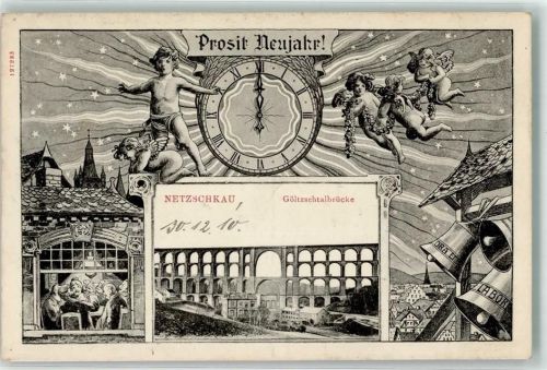 Netzschkau 1910 Göltzschtalbrücke Engel Uhr Glocken Neujahreskarte