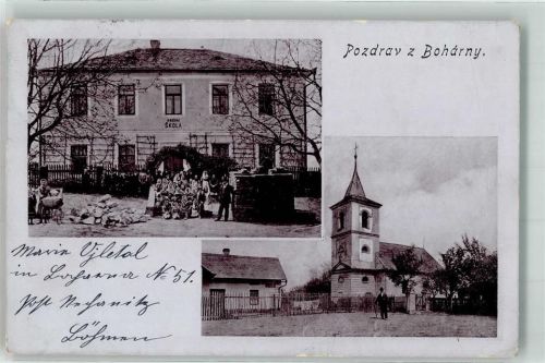 Nechanice Boharny Kirche Schule Ort lt. Stempel