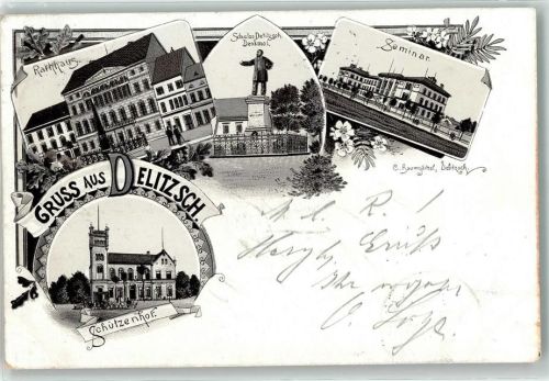 Delitzsch 1897 Bahnpost Ratzeburg Zerbst Leipzig Zug 179 30.9.97 Gasthaus Schützenhof Rathaus Schulze Delitzsch Denkmal Seminar