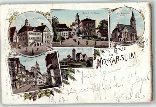 Neckarsulm 1897 Rathaus Kgl. Oberamt Hauptstraße Ev. und Kath. Kirche Litho