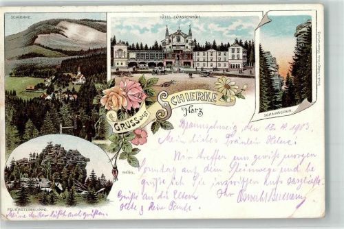 Schierke 1903 Feuersteinklippe Hotel Fürstenhöh Schnarrcher Rosen Lithographie