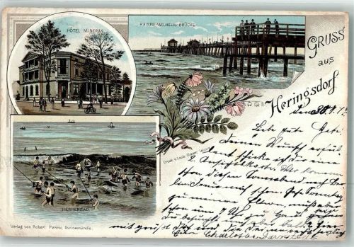 Seebad Heringsdorf 1897 Kaiser Wilhelm Brücke Herrenbad Hotel Minerva Lithographie