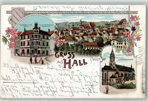 Schwäbisch Hall 1898 Weinstube Cafe Vetter Zur Musikalischen Ecke St. Katharina-Kirche Lithographie