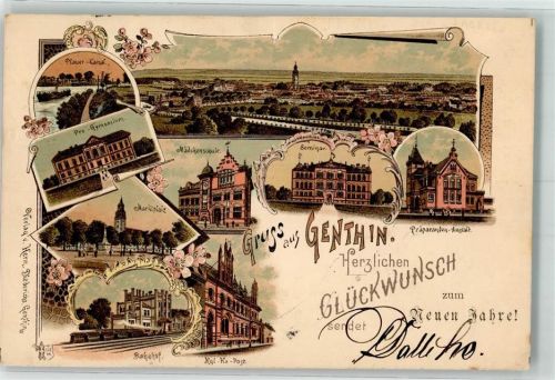 Genthin 1897 Plauer-Kanal Bahnhof Kgl. Post Progymnasium Mädchenschule Lithographie