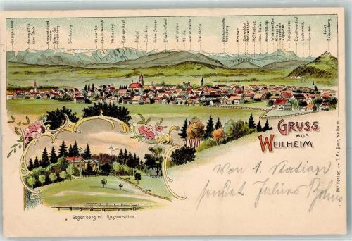 82362 W8120 Weilheim i. OB Lithographie Gögerlberg mit Gasthaus