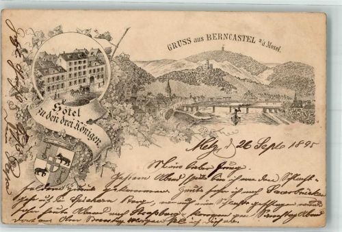Bernkastel 1895 Vorläufer Druck um 1880-89 Hotel zu den drei Königen Wappen Lithographie Eckbüge