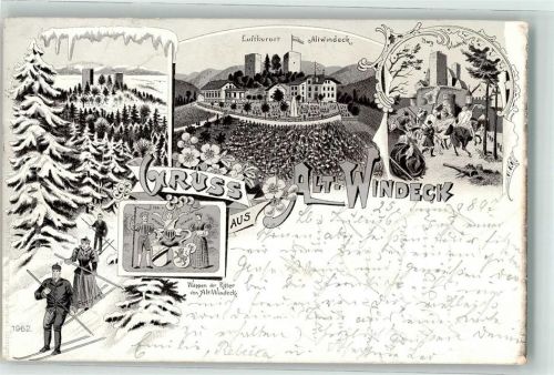 Bühl 1897 Skiläufer Burg Windeck Wappen der Ritter von Alt-Windeck