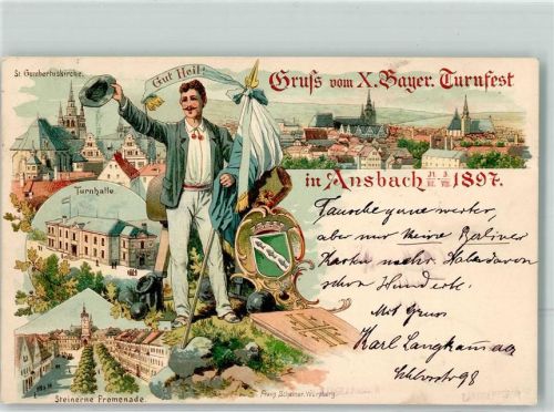 Ansbach 1897 Festkarte X. Bayerisches Turnfest 1897 Fahnenträger Turnhalle Steinerne Promenade