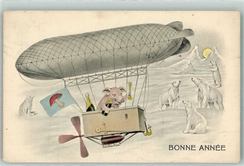 Bonne Annee Ballon Eisbären Schwein vermenschlicht mit Sektflaschen Expedition Nordpol 1908