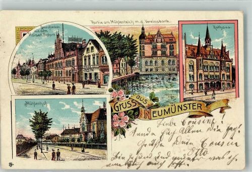 Neumünster 1904 Grassflecken Kaiserl. Postamt Mühlenteich Vereinsbank Rathaus Mühlenhof