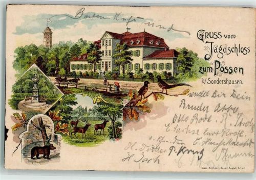 Sondershausen 1901 Jagdschloß zu Possen Rebhuhn Bärenzwinger Hirsch Denkmal