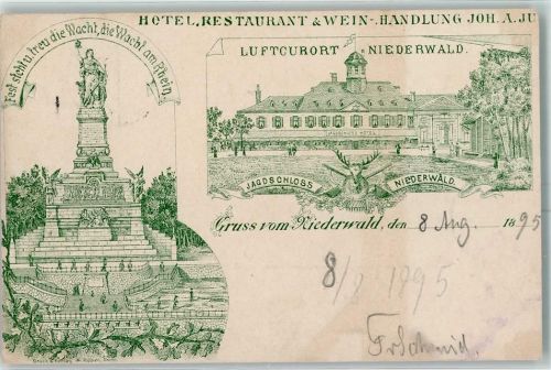 Niederwald 1895 Hotel Restaurant Wein-Handlung Joh. A. Jagdschloss Denkmal