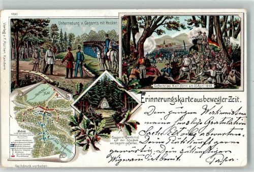 Kandern 1900 Erinnerungskarte Gefecht bei Kandern 1848 Gagern-Denkmal Landkarte