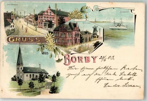 Borby 1903 Dorfstraße Kreishaus Windmühle Kirche Kriegsschiff