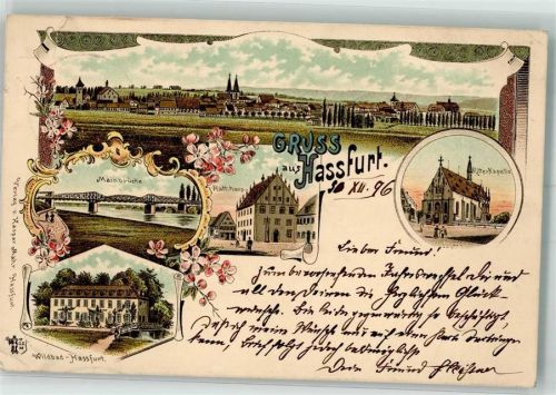 Haßfurt 1896 Ritter-Kapelle Rathaus Mainbrücke Lithographie