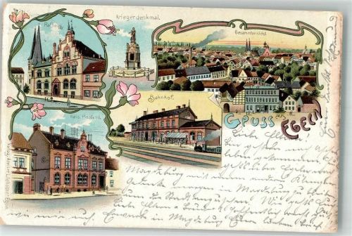 39435 3253 Egeln 1903 Lithographie Kaiserl. Postamt Bahnhof Rathaus