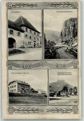Staufen Neumühle Scharfensteinfelsen Belchenhaus Bahnhof Staufen mit Schlossruine Oldtimer