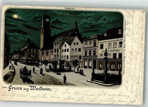 82362 W8120 Weilheim i. OB 1899 Lithographie Hauptplatz Denkmal Marktbrunnen Kutsche Mondschein