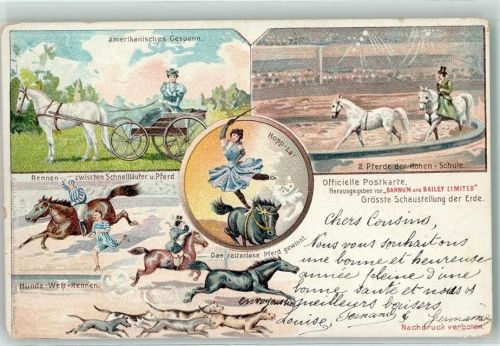 1900 Barnum & Bailey Pferdedressur Artisten Hunde Wettrennen AK