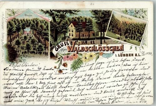 Lübben 1899 Lithographie Gasthaus Waldschlößchen Pavillon Schipka-Paß