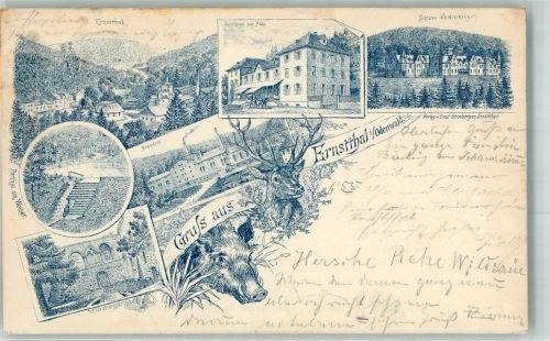 Ernsttal 1898 Verläufer Druck 1890 - 95 Hirsch Wildschwein Gasthaus zur Post Schloss Waldleiningen Brauerei Ernsttal Bahnpost Darmstadt-Eberbach Zg. 721