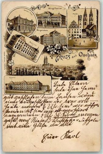 Oschatz 1900 Kgl. Seminar Realschule Markt Kaserne Kaiserl. Postamt Lithographie