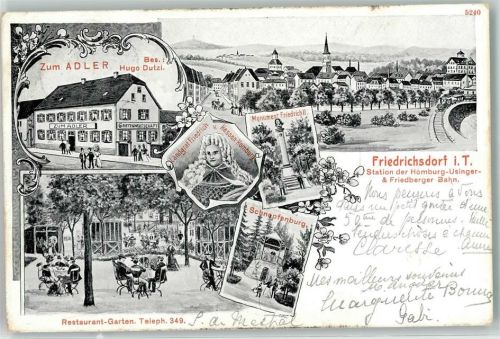 Friedrichsdorf 1906 Gasthaus zum Adler Landgraf Friedrich v. Hessen Homburg Monument Friedrich II. Schnepfenburg Eisenbahn