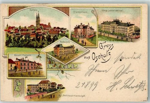 04758 O7260 Oschatz 1893 Lithographie Vorläufer Realschule Kgl. Lehrerseminar Kaiserl. Postamt Krankenhaus