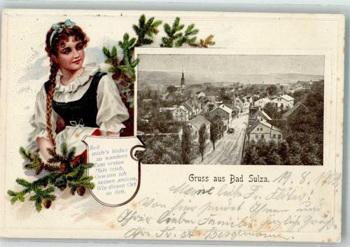 Bad Sulza 1902 Passepartout Trachtenmädchen Dorfstraße Tannenzweig Bahnpoststempel