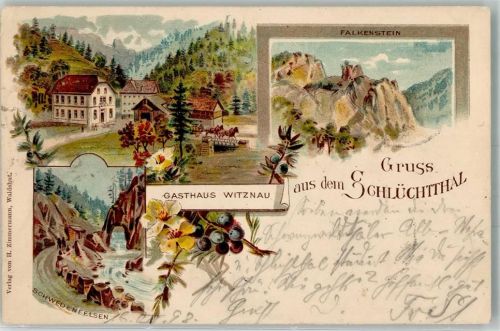 Witznau 1898 Schlüchttal Gasthaus Witznau Schwedenfelsen Falkenstein Bahnpost Konstanz-Basel Zug 482