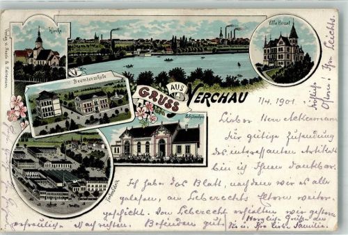 04685 O7246 Nerchau 1901 Lithographie Kirche Villa Hessel Beamtenschule Farbenfabrik Schützenhaus