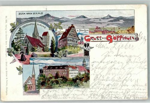 Göppingen 1899 sign. Fuchs K. Oberhofen Kirche Gasthaus z. Storchen Schloss
