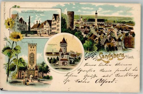 Landsberg Lithographie Sonnenblumen Bayertor Mutterturm Marktbrunnen Hauptplatz