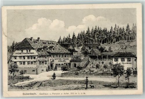 Bubenbach Gasthaus-Pension zum Adler Wanderer mit Hund sign. Reinhardt